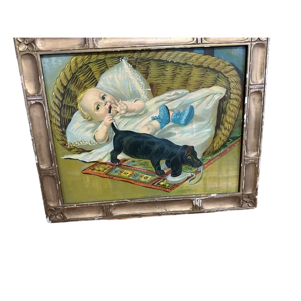 Framed lithograph 1911 baby and dog An Even Exchange